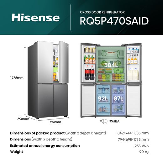 Hisense PureFlat American Fridge Freezer - Stainless Steel - Annotation - Dimension shot 