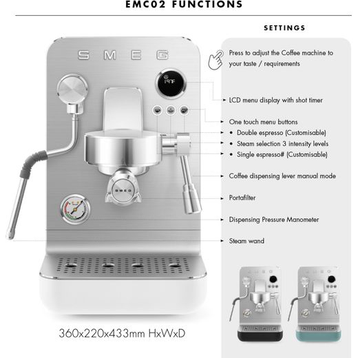 Smeg Mini Pro Espresso Coffee Machine - Matte Black - Annotation - Functions and features