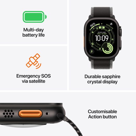 Apple Watch Ultra 3, 49mm, Black Titanium Case, GPS + Cellular [2025] - Black Ocean Band - Annotation - Feature shot