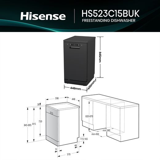 Hisense Slimline Dishwasher - Black - dimensions
