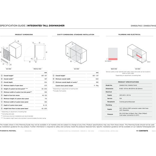 Fisher & Paykel Series 9 Fully Integrated Standard Dishwasher - Silver with Fixed Door Fixing Kit - Dimensions