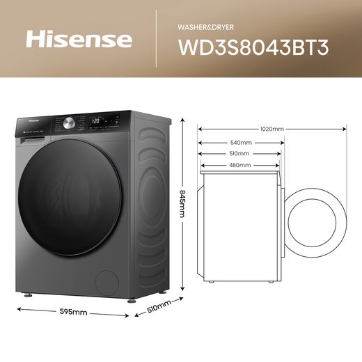 Hisense WD3S8043BT3 Washer Dryer Titanium - Annotation - Dimensions shot 