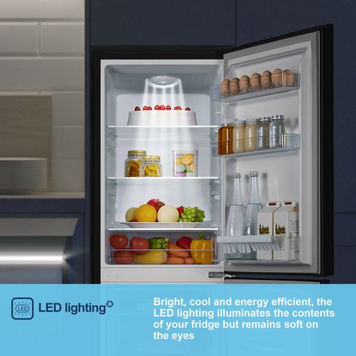 Fridgemaster MC50165EB 143cm 60/40 Small Fridge Freezer - Black - Annotation - Led light shot