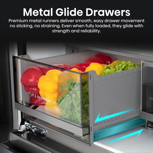 Hisense PureFlex American Fridge Freezer - Stainless Steel - Annotation - Metal glide drawer shot