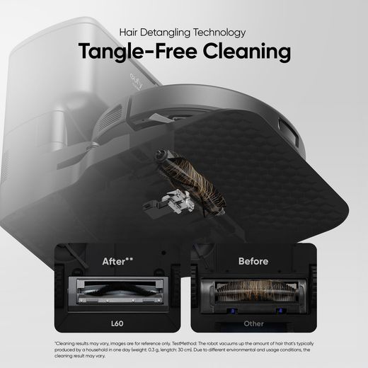 Eufy L60 Hybrid with Self Empty Station Robotic Vacuum Cleaner - Black - Annotation - tangle free shot