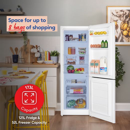 Russell Hobbs RH143FF492E1W 14cm 70/30 Fridge Freezer - White - Annotation - 8 shopping bags shot