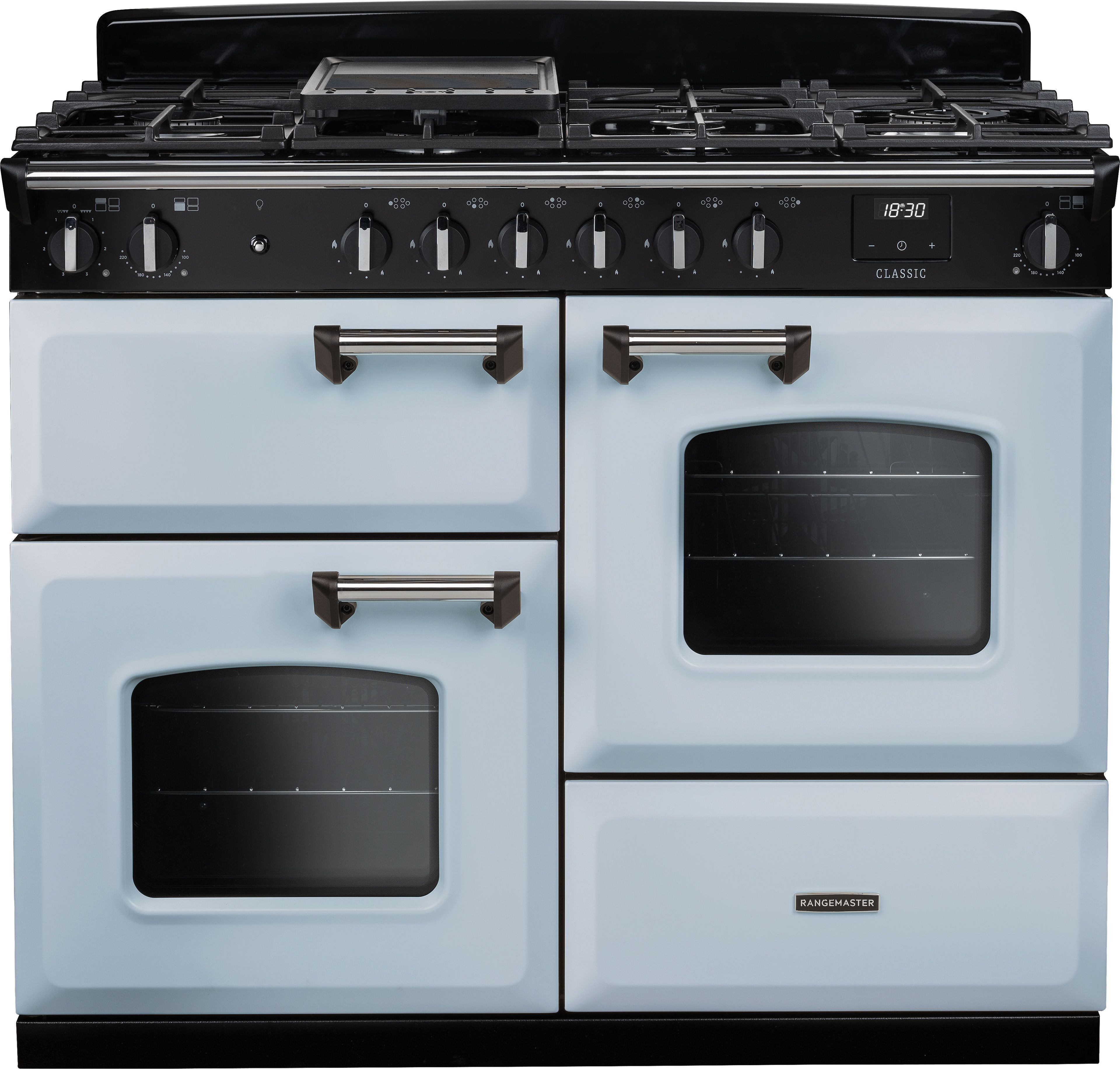 Image of Rangemaster Classic OC CLO110DFPMSB/CM1 110cm wide Dual Fuel Range Cooker with Gas Hob - Misty Blue / Chrome - A Rated, Blue