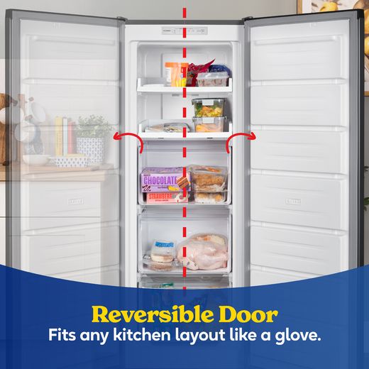 Russell Hobbs RH143FFFZ542E1SS 143cm Small Upright Freezer with Door-on-door Kit - Stainless Steel - Annotation - reversible door shot