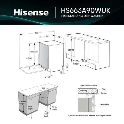 Hisense Standard Dishwasher - White - Annotation - Dimension shot 
