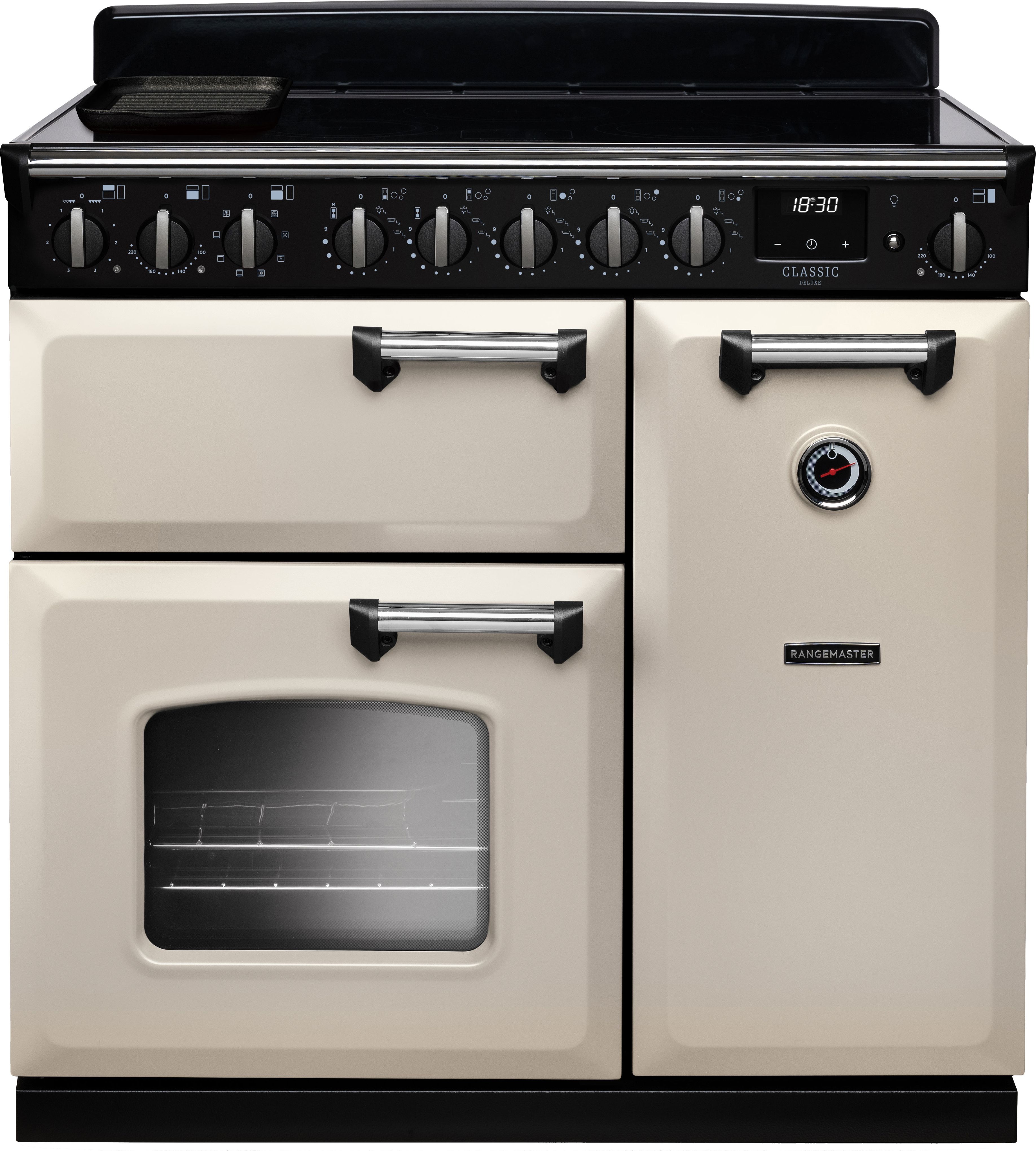 Image of Rangemaster Classic Deluxe CLDL90EIPPCR/CM1 90cm wide Electric Range Cooker with Induction Hob - Cream / Chrome - A/A Rated, Cream
