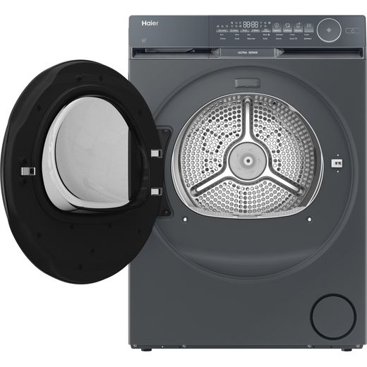 Haier X9 HD100-CQ387GU-UK Wifi Connected Heat Pump Tumble Dryer - Graphite - Front with door open shot