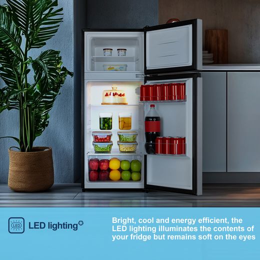 Fridgemaster MTM48120ES 117cm 80/20 Small Fridge Freezer - Silver  - Annotation - LED lighting shot