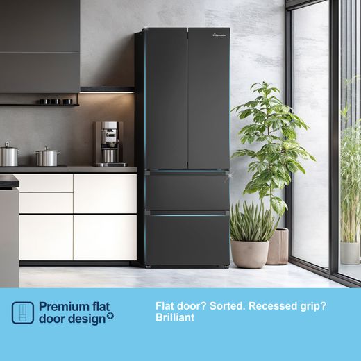 Fridgemaster American Fridge Freezer - Black - Annotation -  Pure flat design shot