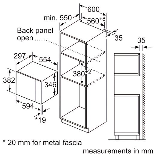 Bosch Series 4 BFL523MS0B 38cm tall, 59cm wide, Built In Compact Microwave - Stainless Steel - Dimensions