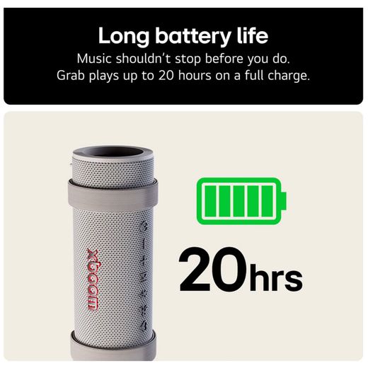 LG xboom Grab Wireless Speaker - Grey - Annotation - Battery life
