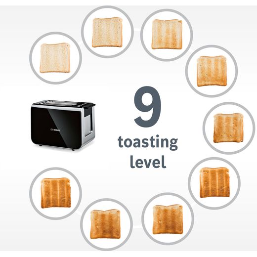 Bosch Styline TAT8613NGB 2 Slice Toaster - Black - Annotation - 9 toasting level shot