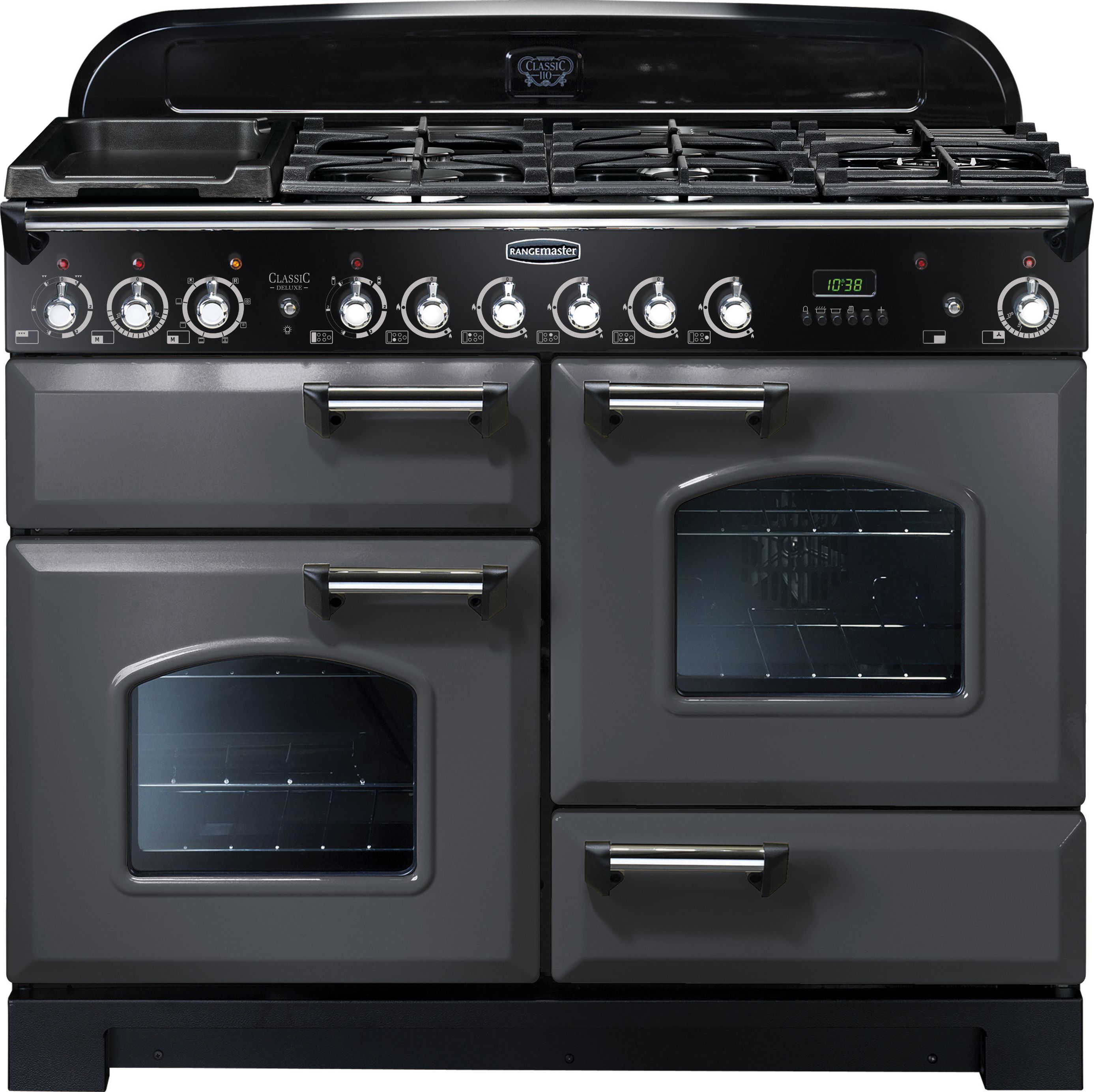 Rangemaster Classic Deluxe CDL110DFFSL/C 110cm Dual Fuel Range Cooker - Slate Grey / Chrome - A/A Rated, Grey