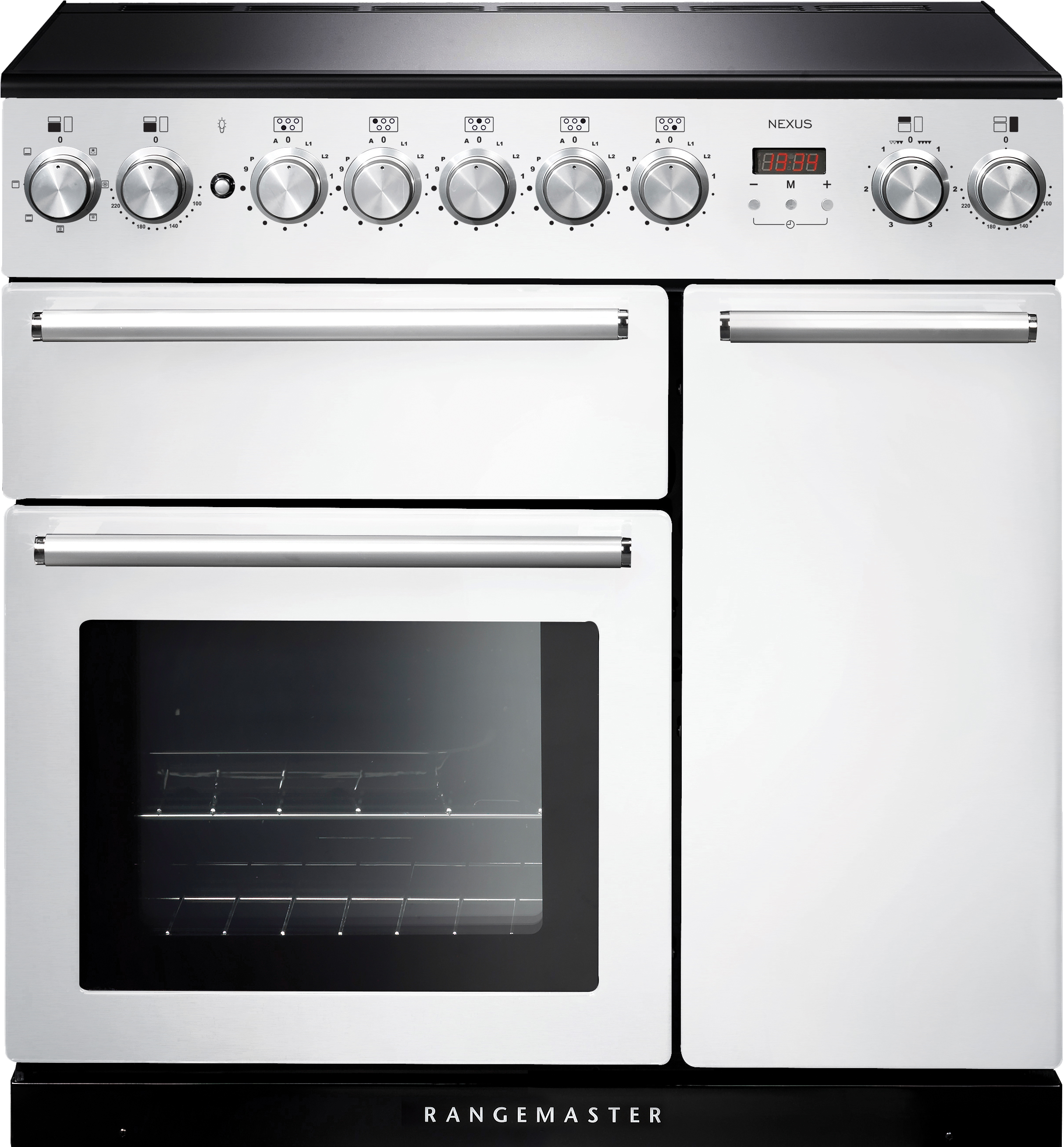 Rangemaster Nexus NEX90EIWH/C 90cm Electric Range Cooker with Induction Hob - White / Chrome - A/A Rated, White