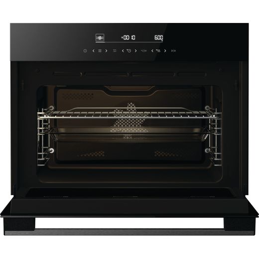 Hisense Hi6 BlackLine BIM45342ADBGUK Built In Compact Electric Single Oven with Microwave Function - Jet Black - Front with door open shot
