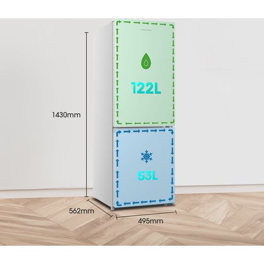 Fridgemaster MC50165E 143cm 60/40 Small Fridge Freezer - White - Annotation - Dimension  shot 