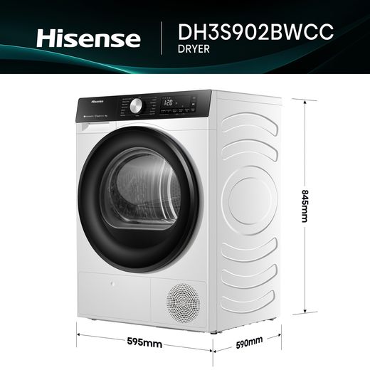 Hisense 3S Series DH3S902BWCC Wifi Connected 9Kg Heat Pump Tumble Dryer - White - Dimensions