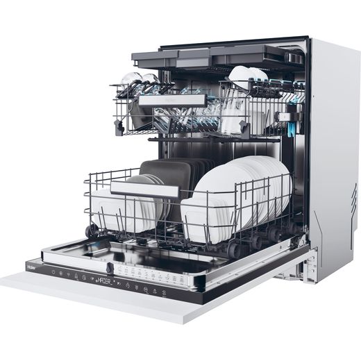 Haier Integrated Standard Dishwasher - Black - Left perspective with door open shot