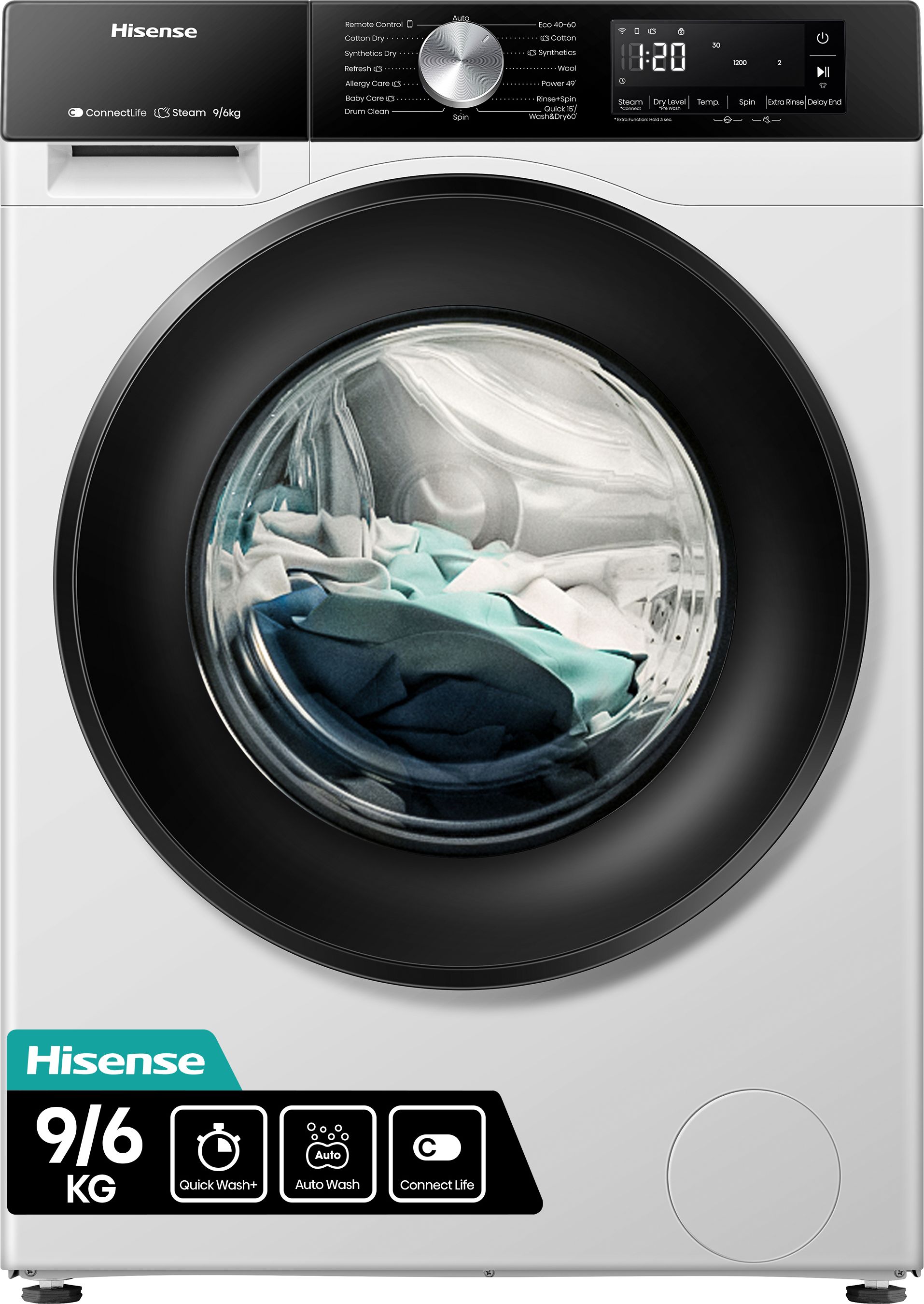 Image of Hisense 3S Series WD3S9043BW3 Wifi Connected 9Kg/6Kg Washer Dryer with 1400 rpm - White - D Rated [Wash&Dry], A Rated [Wash Only], White