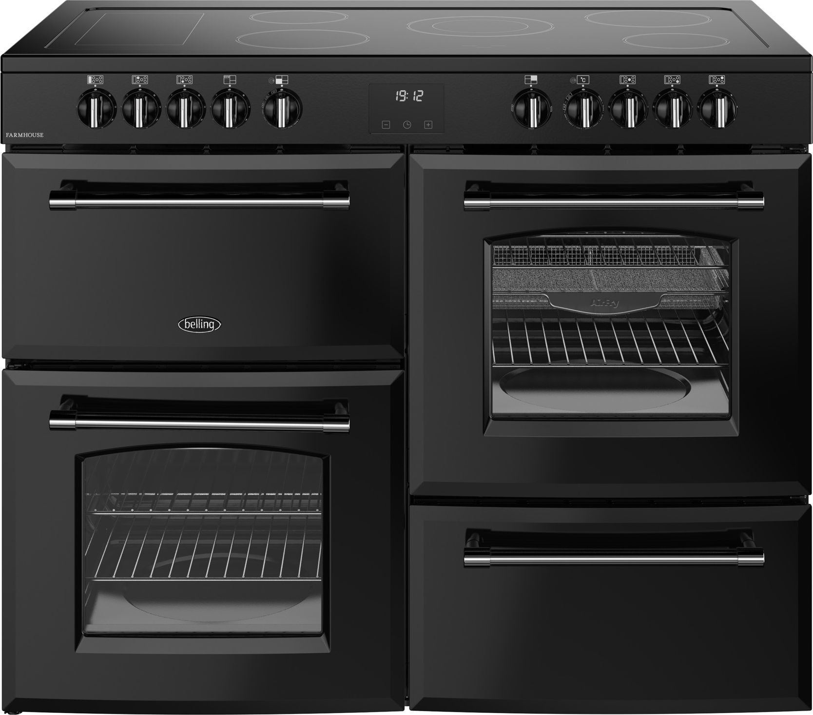 Image of Belling Farmhouse 110E 110cm wide Electric Range Cooker with Ceramic Hob - Black - A/A Rated, Black