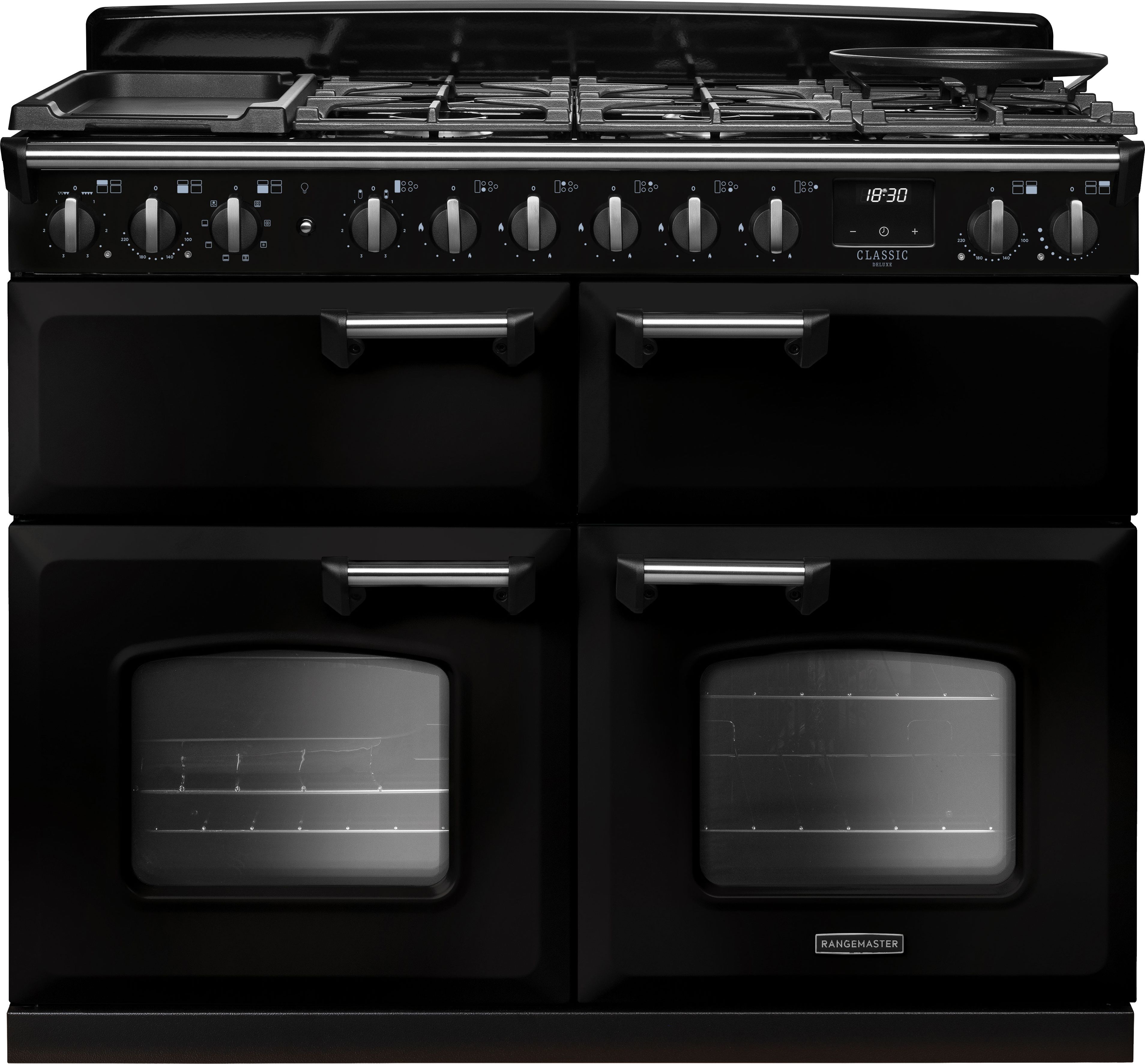 Image of Rangemaster Classic Deluxe CLDLB110DFPGBL/CM1 110cm wide Dual Fuel Range Cooker with Gas Hob - Black / Chrome - A Rated, Black