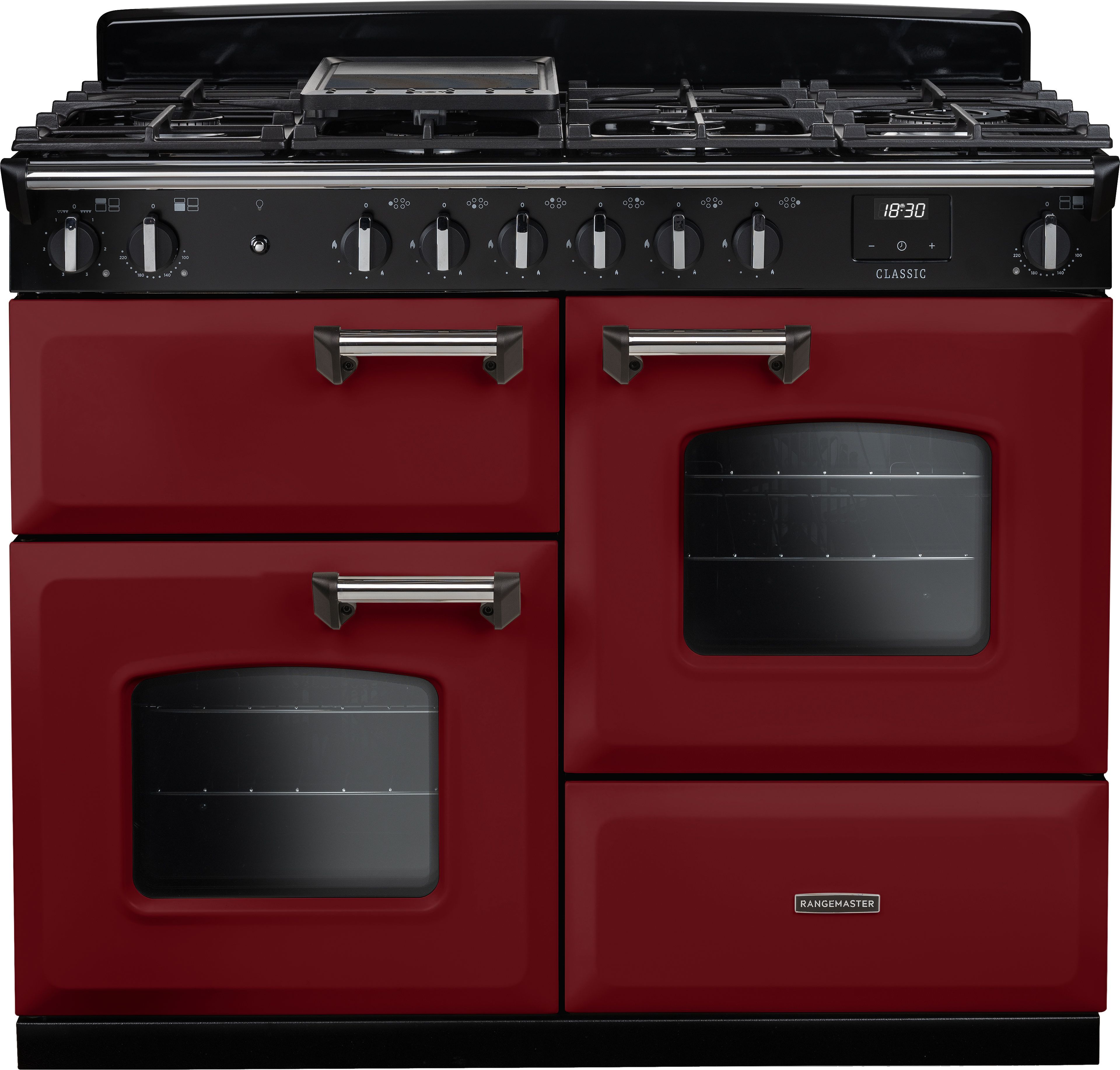 Image of Rangemaster Classic OC CLO110DFPBOR/CM1 110cm wide Dual Fuel Range Cooker with Gas Hob - Bordeaux / Chrome - A Rated, Red