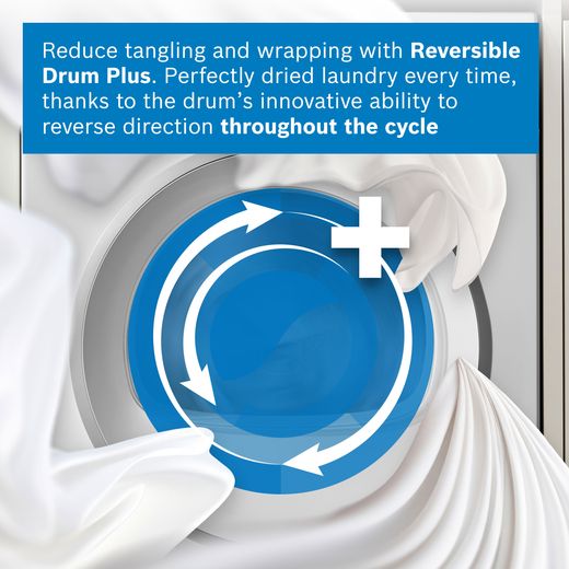 Bosch Series 8 WRB247C9GB 9Kg Heat Pump Tumble Dryer - White - Annotation -  reversible drum shot