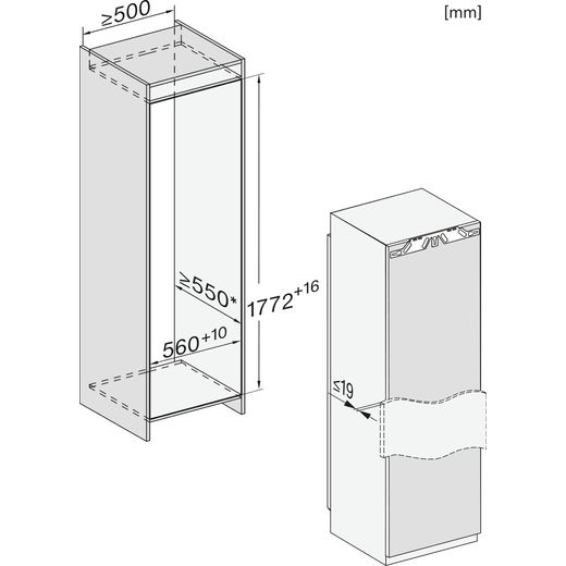 Miele Integrated Frost Free Upright Freezer with Fixed Door Fixing Kit - Dimensions