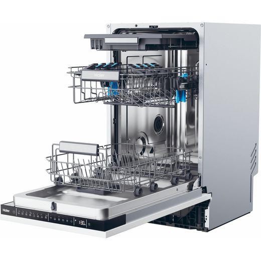 Haier I-Pro Shine Series 4 Integrated Slimline Dishwasher - Black Control Panel  - Left perspective with door open shot