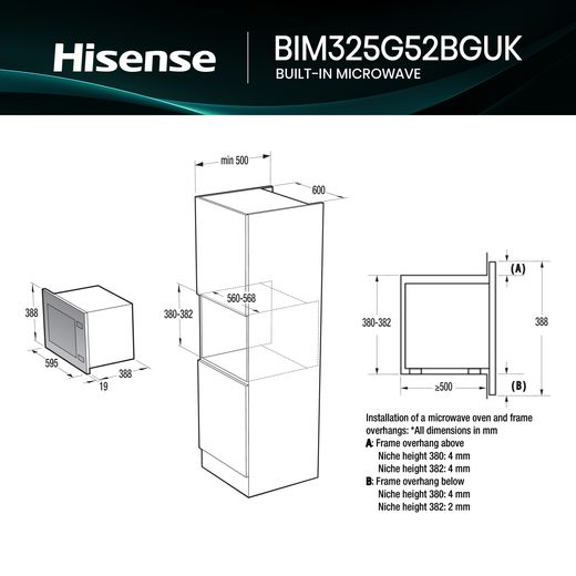 Hisense BIM325G52BGUK 25 Litre 39cm High, Built In Small - Black - Dimensions