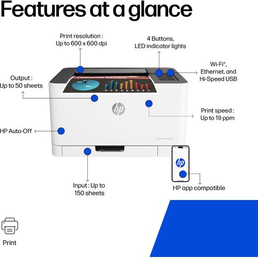 HP LaserJet 150nw Laser Printer - White - Annotation - feature shot