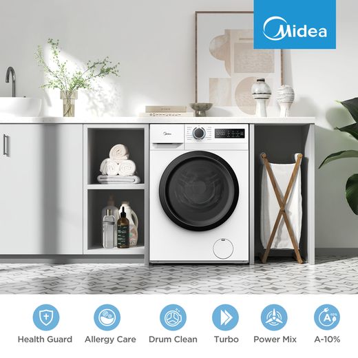 Midea MF110W80BA10/W-UK 8kg Washing Machine with 1351 rpm - White - Annotation -  features shot