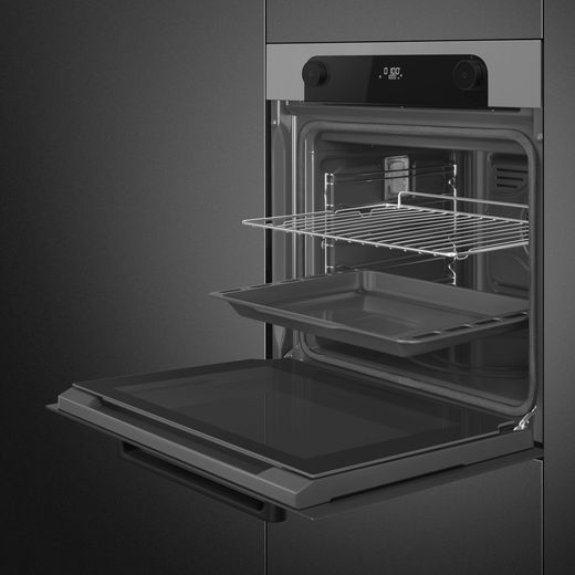 Smeg Musa SFP6201TSI Built In Electric Single Oven - Silver - Oven with door open shot