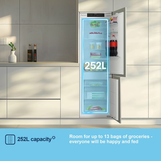 Fridgemaster MBC55252NE 177cm 70/30 Integrated No Frost Fridge Freezer with Sliding Door Fixing Kit - White - Annotation - Capacity