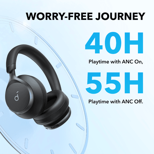 Soundcore Space One Noise Cancelling Over-Ear Headphones - Jet Black - Annotation - battery shot
