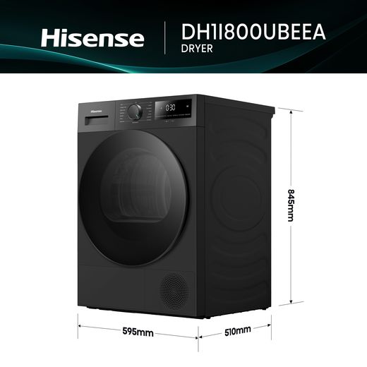 Hisense 1i KitchenFit Series DH1I800UBEEA 8Kg Heat Pump Tumble Dryer - Black - annotation - dimensions  shot 