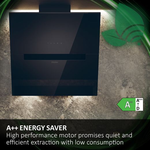 Haier I-Link HADG9CBS4BWIFI Wifi Connected 90cm Angled Chimney Cooker Hood - Black - Annotation - Energy shot
