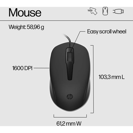 HP 150 Wired Keyboard with Mouse - Black - Annotation - Mouse features