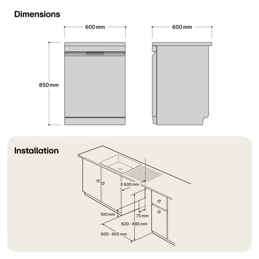 LG TrueSteam™ QuadWash™ Standard Dishwasher - Silver - Dimensions