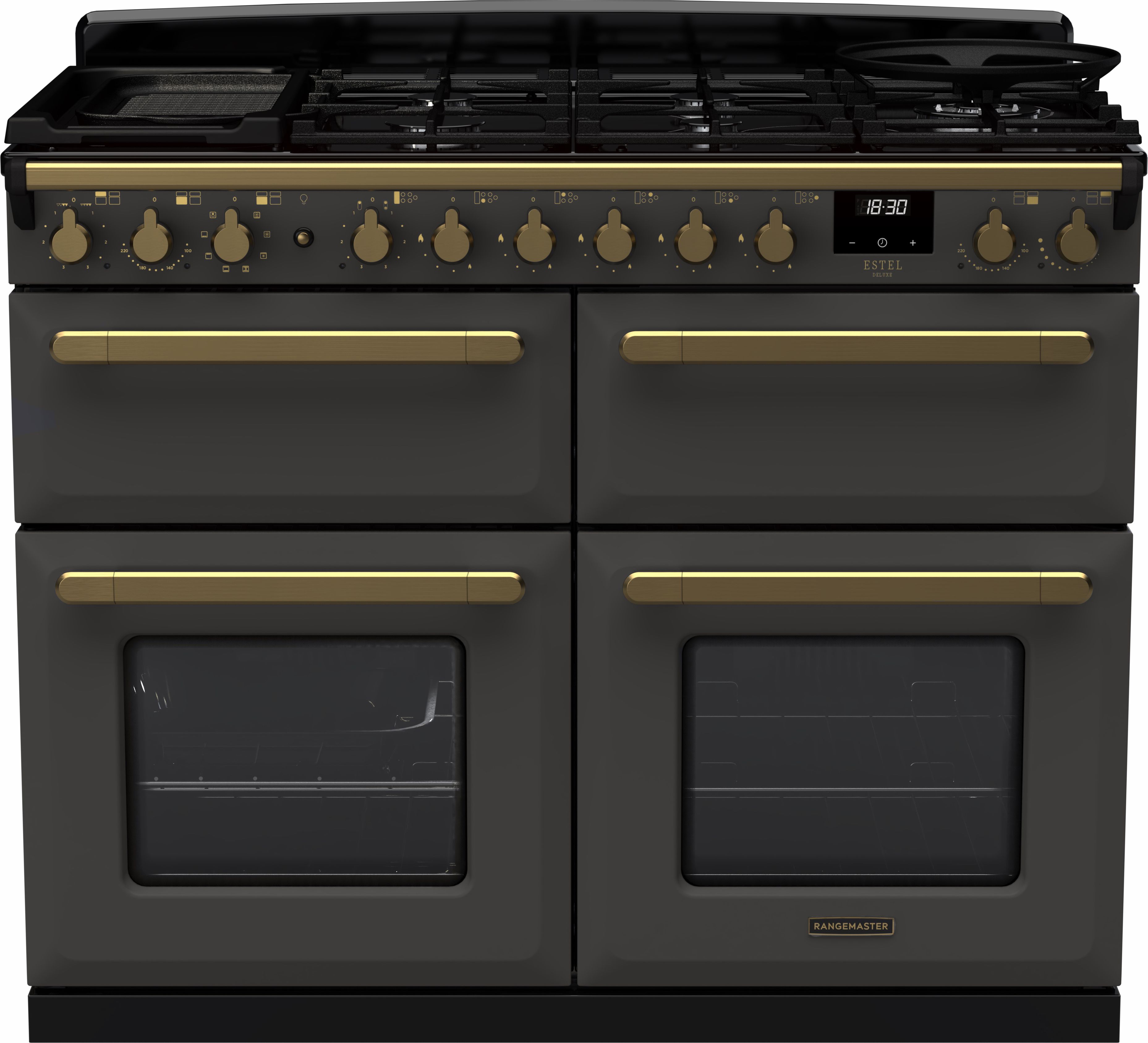 Image of Rangemaster Estel Deluxe ESDLB110DFPSLT/AB1 110cm wide Dual Fuel Range Cooker with Gas Hob - Slate / Antique Brass - A/A Rated, Grey