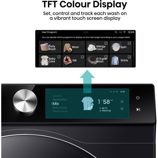 Hisense 7S Series WF7S1247BB 12kg Washing Machine with 1400 rpm - Black - Annotation - TFT Colour display shot