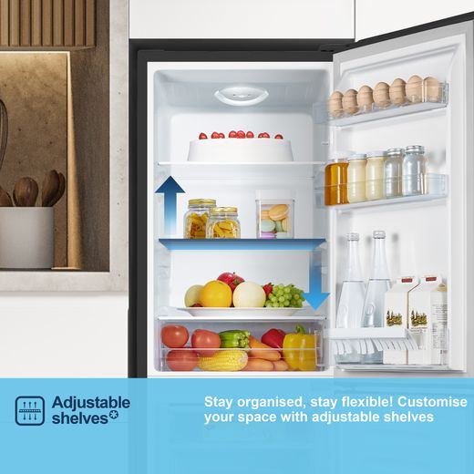 Fridgemaster MC50165EB 143cm 60/40 Small Fridge Freezer - Black - Annotation - Adjustable shelf shot