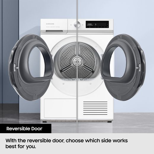 Samsung DV80CGC0B0AEEU Heat Pump Tumble Dryer - White - Annotation - Reversible door shot
