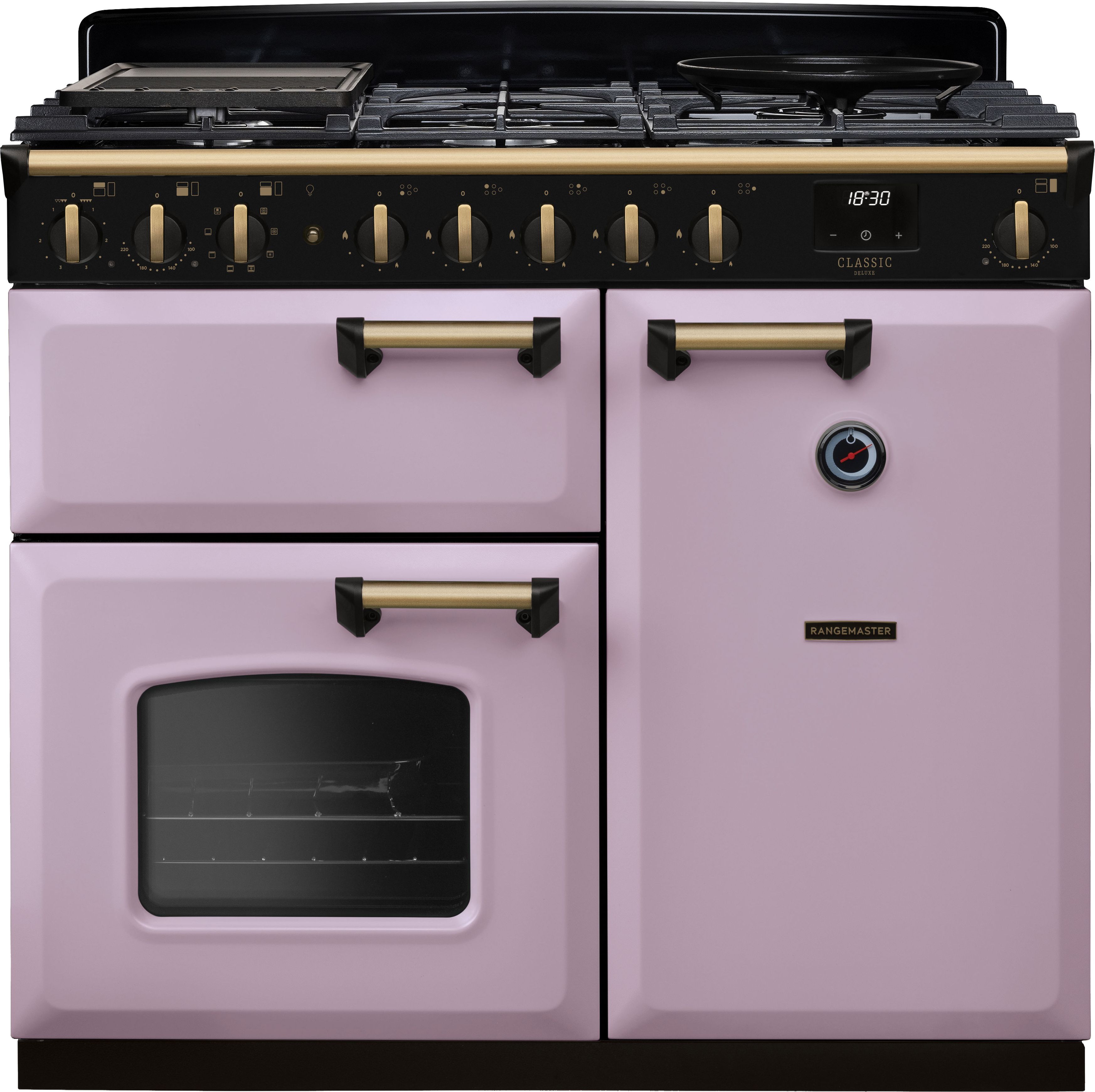 Image of Rangemaster Classic Deluxe 100 Dual Fuel CLDL100DFPHTH/AB1 100cm wide Dual Fuel Range Cooker with Gas Hob - Heather / Chrome - A Rated, Purple