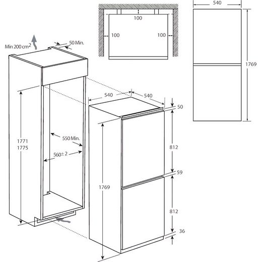 Haier Integrated 50/50 Frost Free Fridge Freezer with Sliding Door Fixing Kit - White - Annotation - Dimension shot