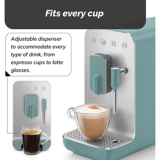 Smeg 50's Style BCC12EGMUK Bean to Cup Coffee Machine - Green - annotation - fits every cup